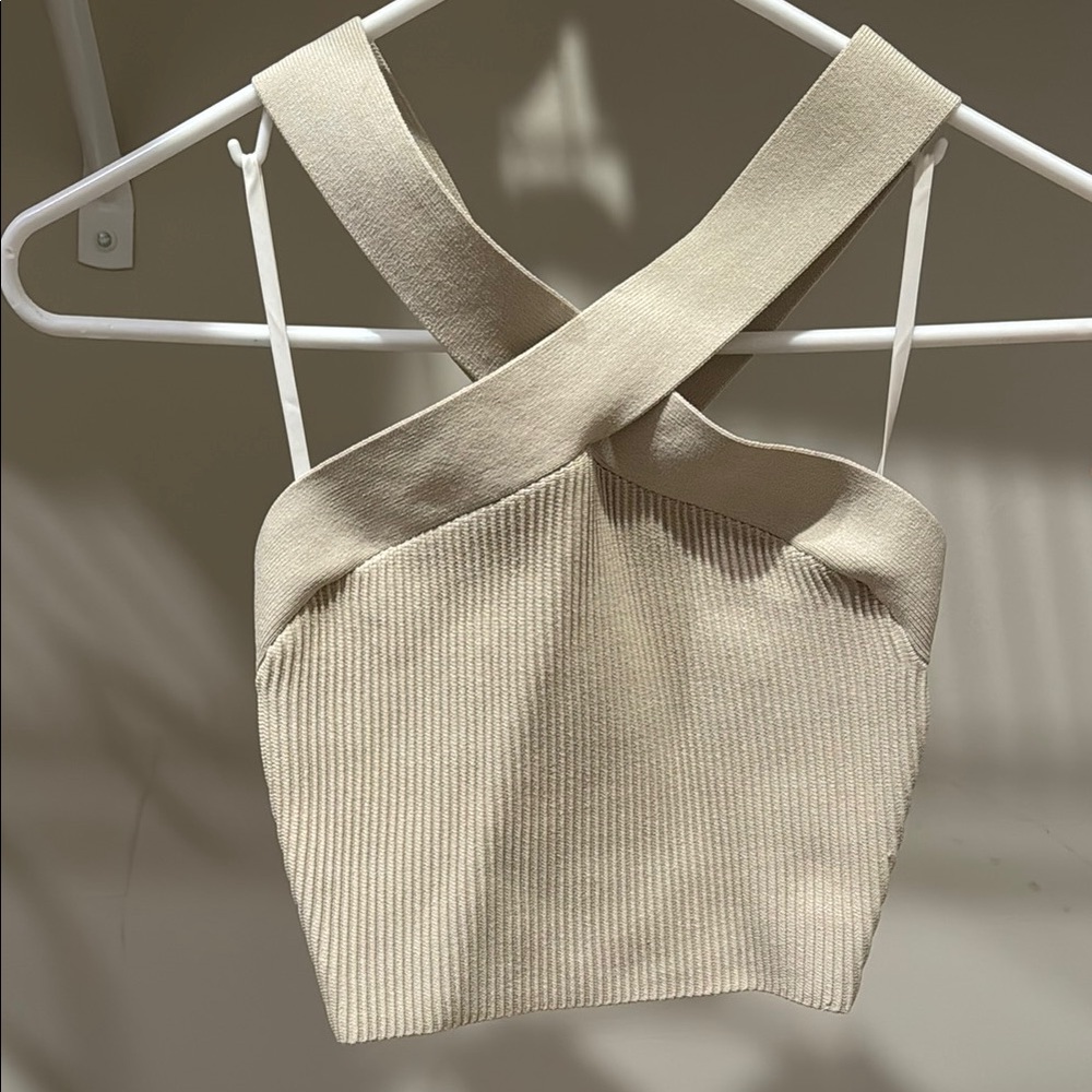 Beige Ribbed Knit Crop Top